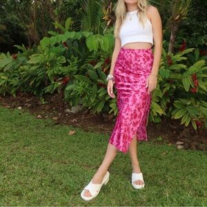 Urban Outfitters Red & Pink Floral Slit Midi Skirt
